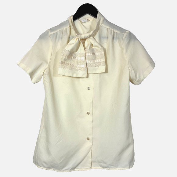 Sears White Romantic Tie Neck Blouse Size 10 Cream Short Sleeve Buttons 1970s